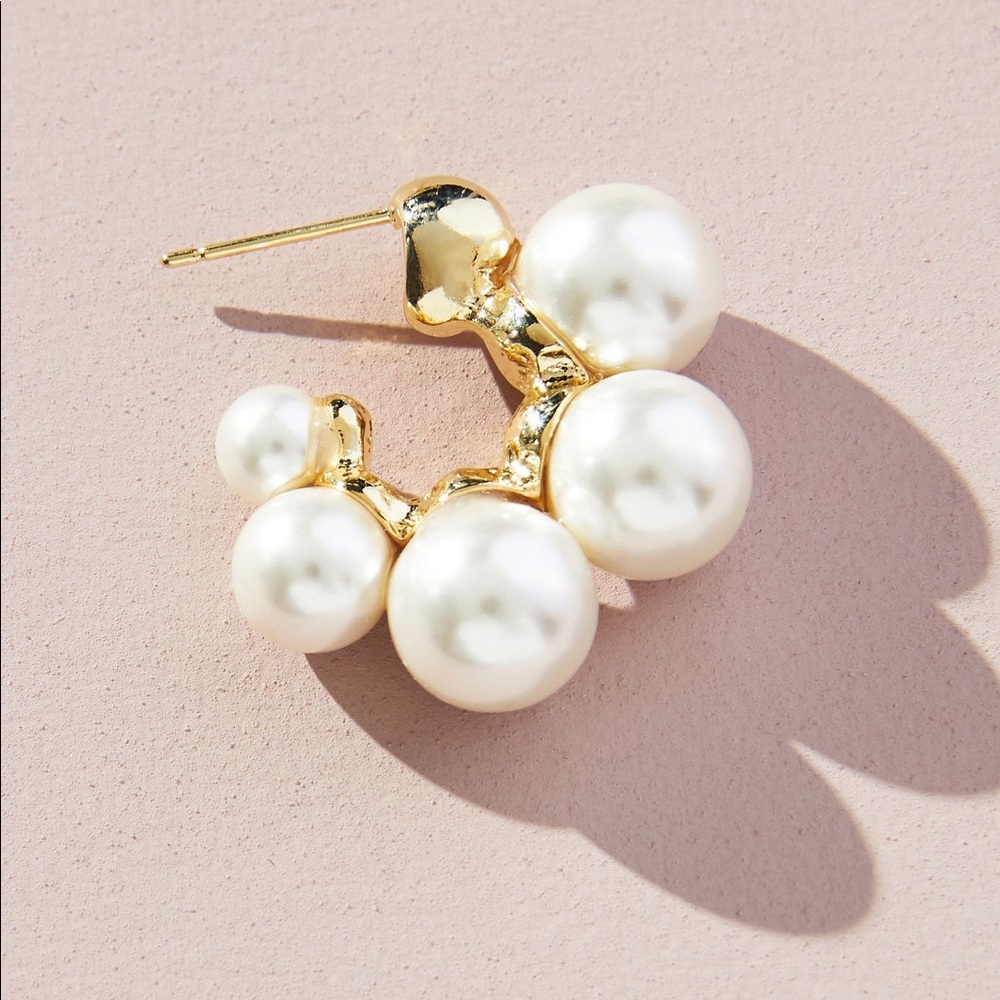 Anthro Lake Life 14K Gold Plated Pearl Huggie Hoop Earrings - Picture 2 of 4